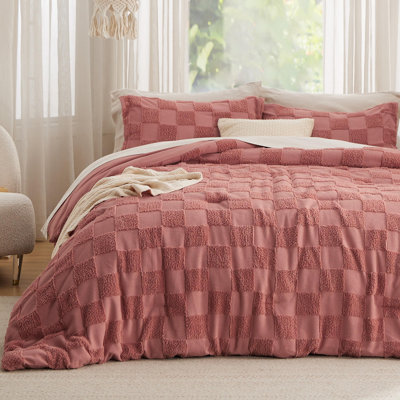 Ensemble d'édredon très grand lit rose grisâtre, ensemble de lit capitonné Boho, literie à carreaux de style Shabby Chic, 3 pièces, 1 édredon géométrique à carreaux et 2 taies décoratives