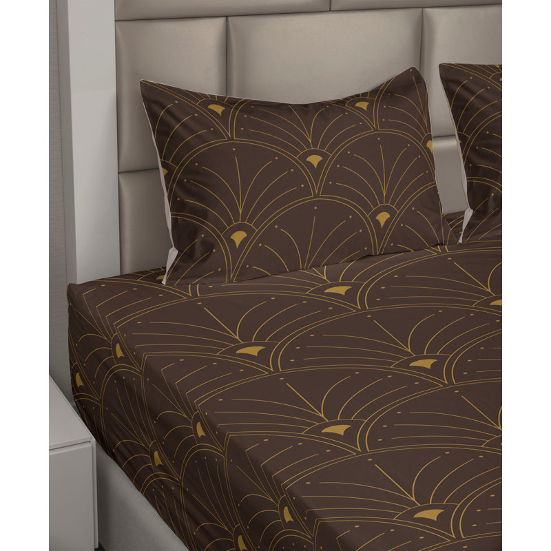 Microfiber Sheet Set, King Sheet Set with 2 Pillowcases, Dark Brown/Sand Brown Geometric