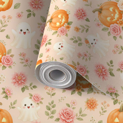 Rouleau de papier peint à peler et coller convivial pour famille, fantômes d'Halloween, citrouilles, éléments floraux, revêtement mural auto-adhésif amovible sans résidus pour le salon, la cuisine, la chambre et le mur