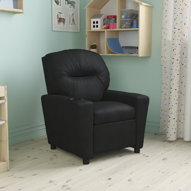 Contemporary Kids Recliner with Cup Holder, Leather - Black