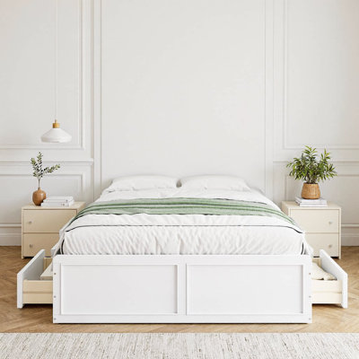 Élégante base de lit plateforme en bois blanc avec 6 tiroirs de rangement