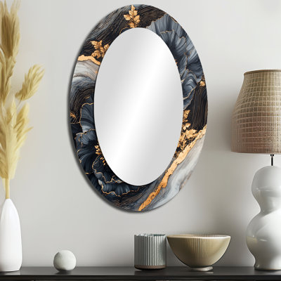 Or doré bleu pivoines géode pierre II - grand miroir mural ovale sur métal