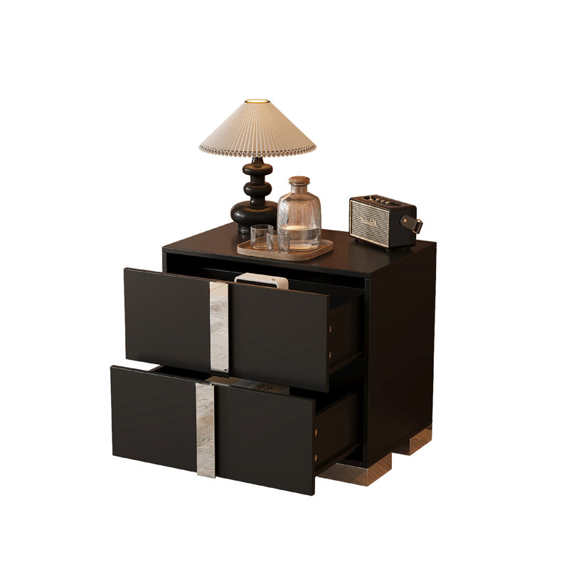 Table de chevet noire avec 2 tiroirs, pied en métal, construction simple, idéal pour la chambre à coucher et le salon