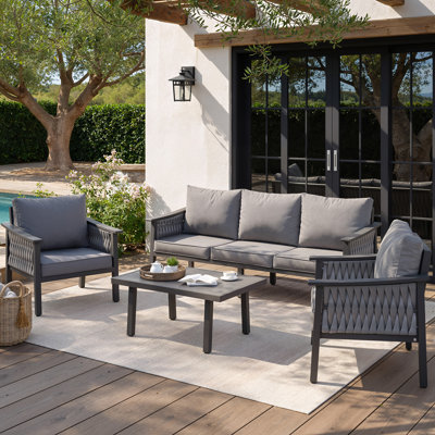 5-Person Outdoor Patio Furniture Set – Aluminum Frame, Handwoven All-Weather Rope, 5-Inch Cushions, Outdoor Conversation Set