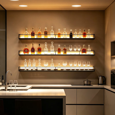Support à vin mural avec lumières DEL - tablettes flottantes à 3 niveaux avec support en verre pour présentation de grandes bouteilles, décoration de bar pour la maison