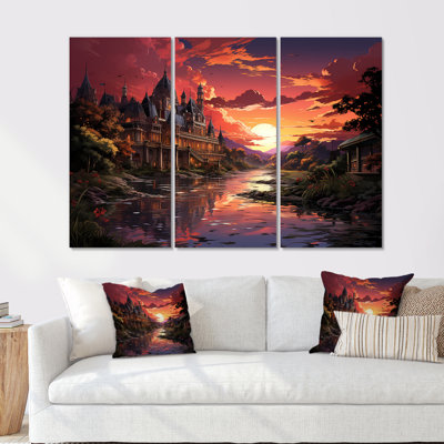Mystère, château avec croal, coucher de soleil, ensemble d'art sur toile