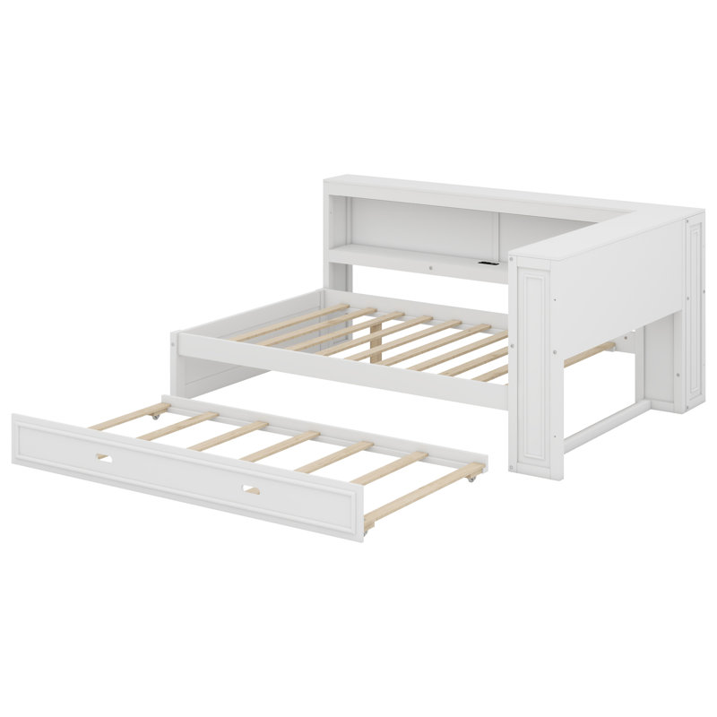 Lit de jour en bois avec tablettes de rangement, USB, DEL et lit gigogne, Blanc