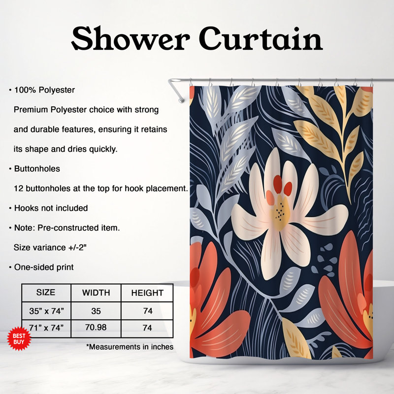 Rideau de douche standard 1 pièce Old-School Bloom, H 74 po x l 71 po