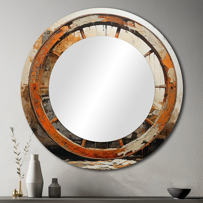Orange Old Cart Wheels III - Old American Cart Unique Wall Mirror Decor, Orange Large Round Mirror, Printed Metal Art