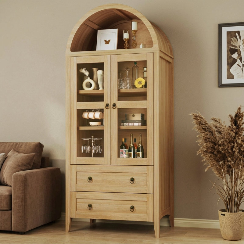 Vitrine arquée avec tiroirs et tablettes réglables, Naturel