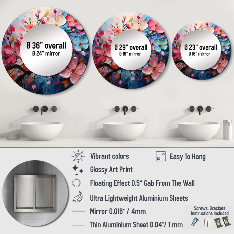 Pomme en fleurs Expressionist Burst IV - miroir en fleurs, miroir mural décoratif blanc, impression d'art en métal, Rond