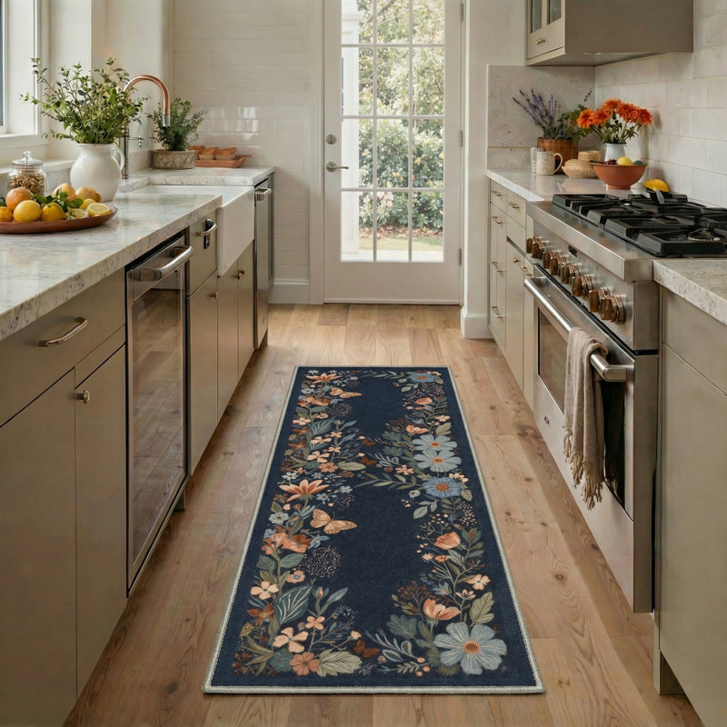Aazad Florette Floral Machine Washable Grey / Green / Blue Indoor Area Rug with Non-Slip Backing, Runner 2'6" x 8'