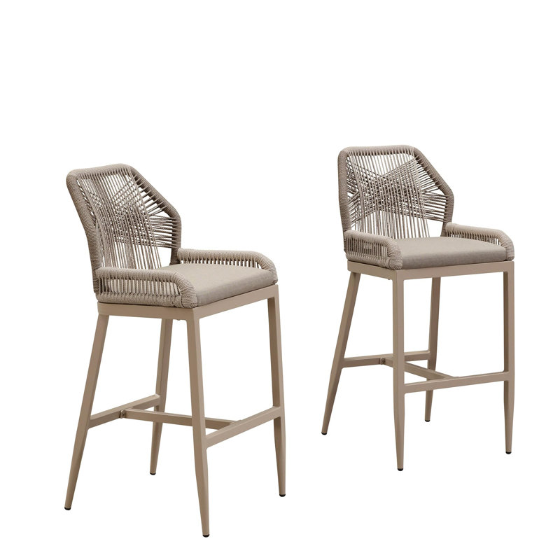Purple Leaf Patio Upcycled Fabric Bar Stools 28" H Set Of 2 Handwoven Wicker Bar Height Stool Modern Aluminum High Bar Chairs Outdoor Wicker Barstools With Back And Cushion For Kitchen Pool Island
