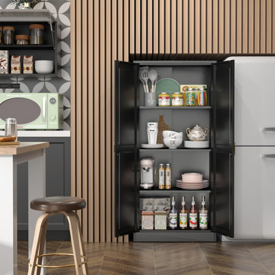 Kitchen Pantry Cabinet, 60 Inch Tall Pantry Storage Cabinet with Doors and Adjustable Shelves, Metal Storage Cabinet with Golden Handles for Dining, L by Inbox Zero