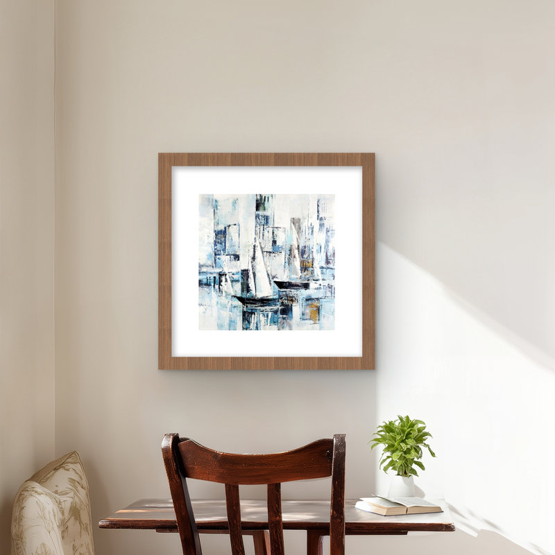 Formes abstraites et bateaux - décor côtier gris, reproduction encadrée, Brun