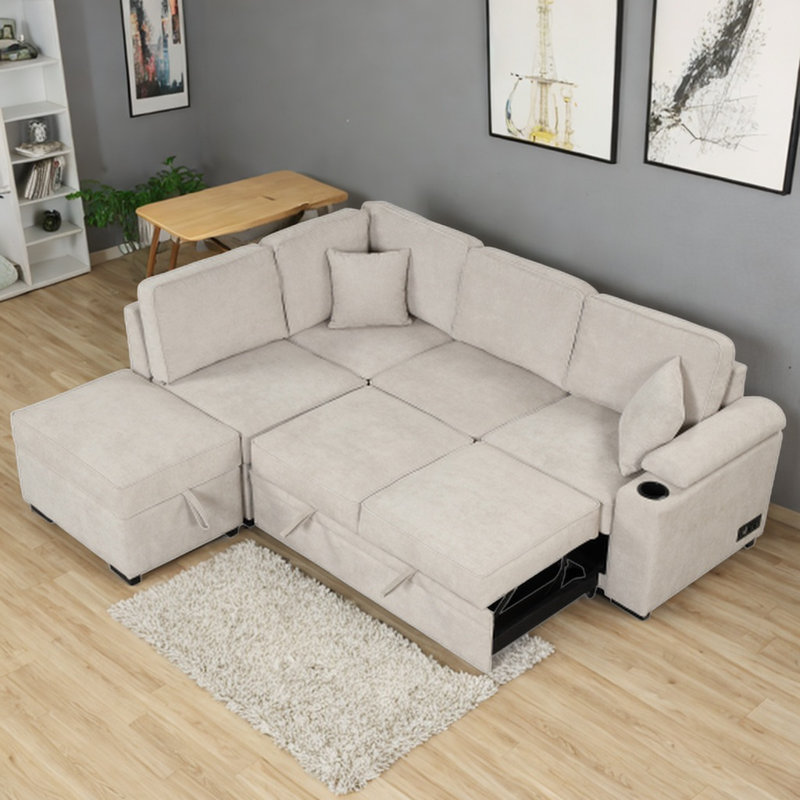 Canapé modulaire rembourré 3 pièces Mamounia, 100 % lin beige