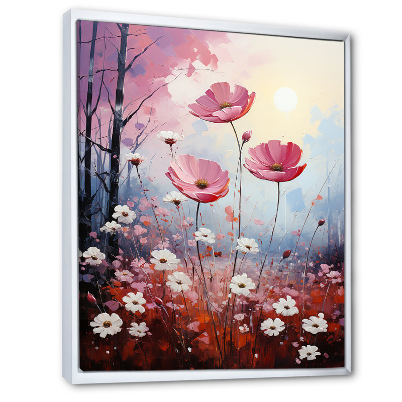 «Pink Crimson Floweret Petals» dévoilé sur toile, Cadre flottant blanc, H 32 po x l 16 po x P 1 po