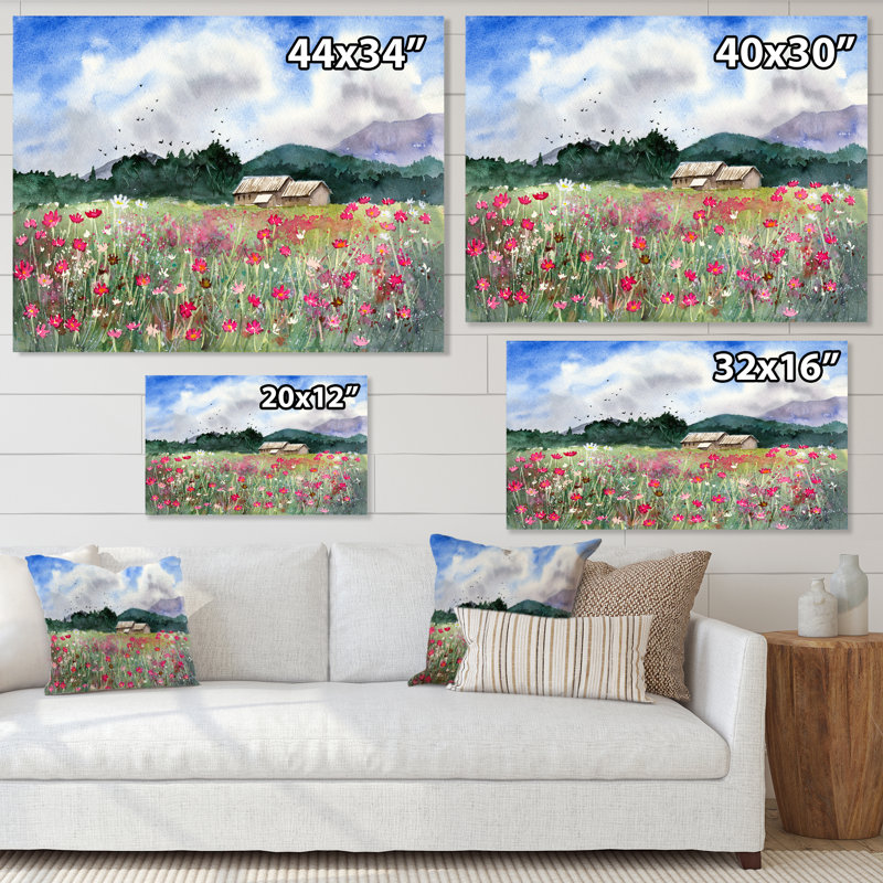 Paysage avec un champ de fleurs blanches et roses - Peinture sur toile, H 12 po x l 20 po x P 1 po, Toile tendue