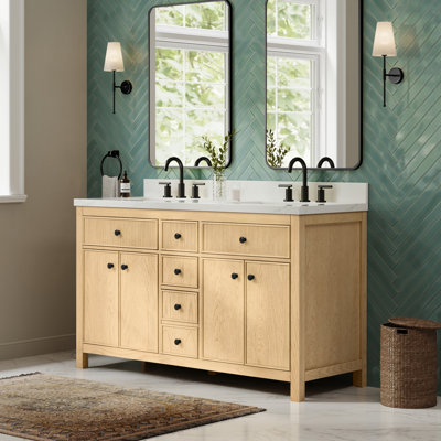 Meuble-lavabo double Rian 60 po en chêne scandinave, comptoir en quartz Giotto, lavabos carrés encastrés (3 trous), garniture noire mate