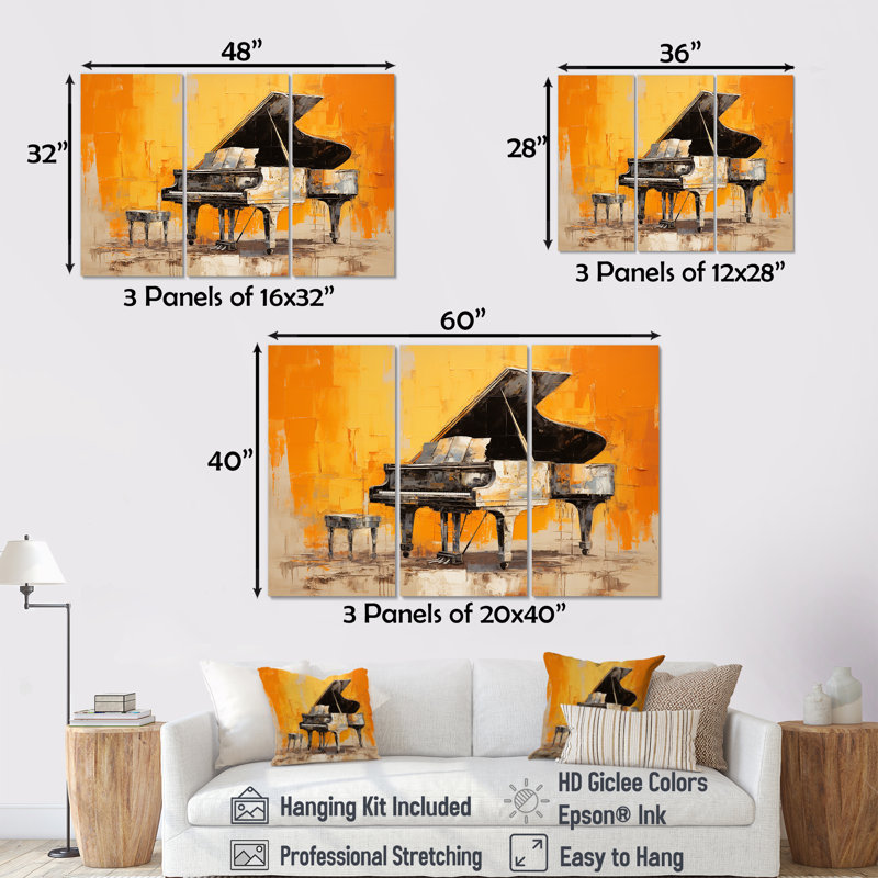 Ensemble de salon Orange Piano Modernist, Toile tendue, H 32 po x l 48 po x P 1 po