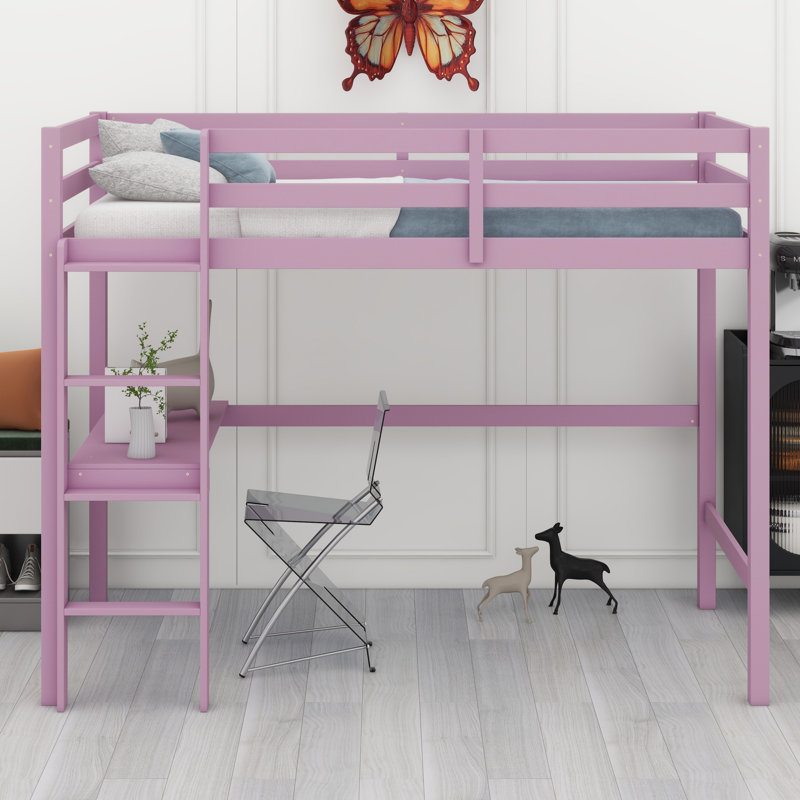 High Wood Loft Bed, With Safety Guardrail, Built-In Desk, Ladder, Pink