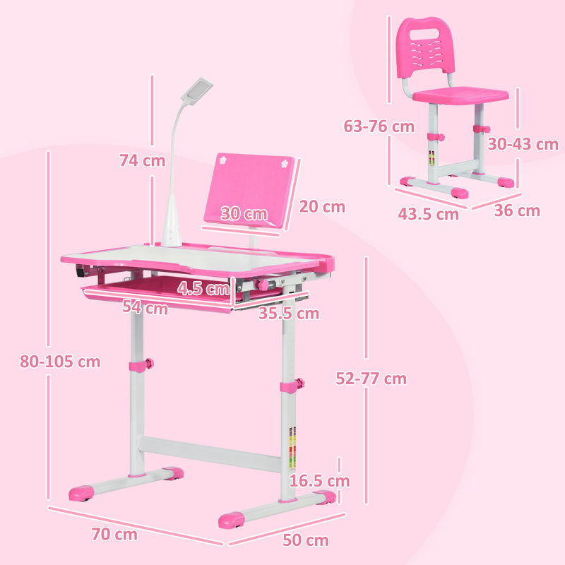 Rik Kids Desk and Chair Set Height Adjustable Study Desk USB Lamp Pink