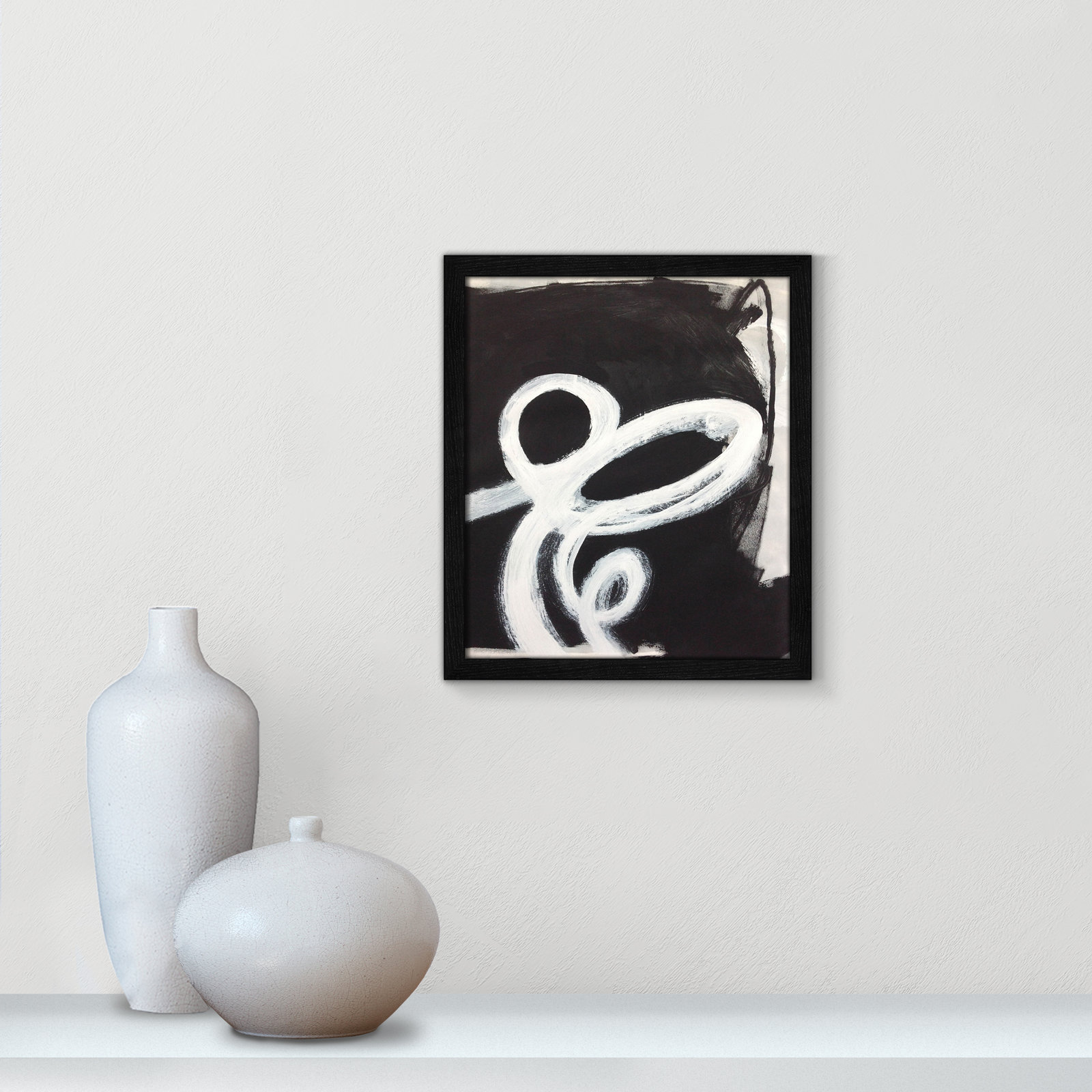White Swirly Swirls 2, Black Slim Unmatted Picture Framed, 15" H x 13" W x 1.25" D