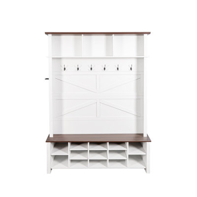 Farmhouse 4-In-1 Hall Tree With 6 Hooks, Practical Entryway Bench With Adjustable Shelves,  Wooden Style Rustic Shoe Organizer With 16 Open Compartments For Mudroom, Living Room