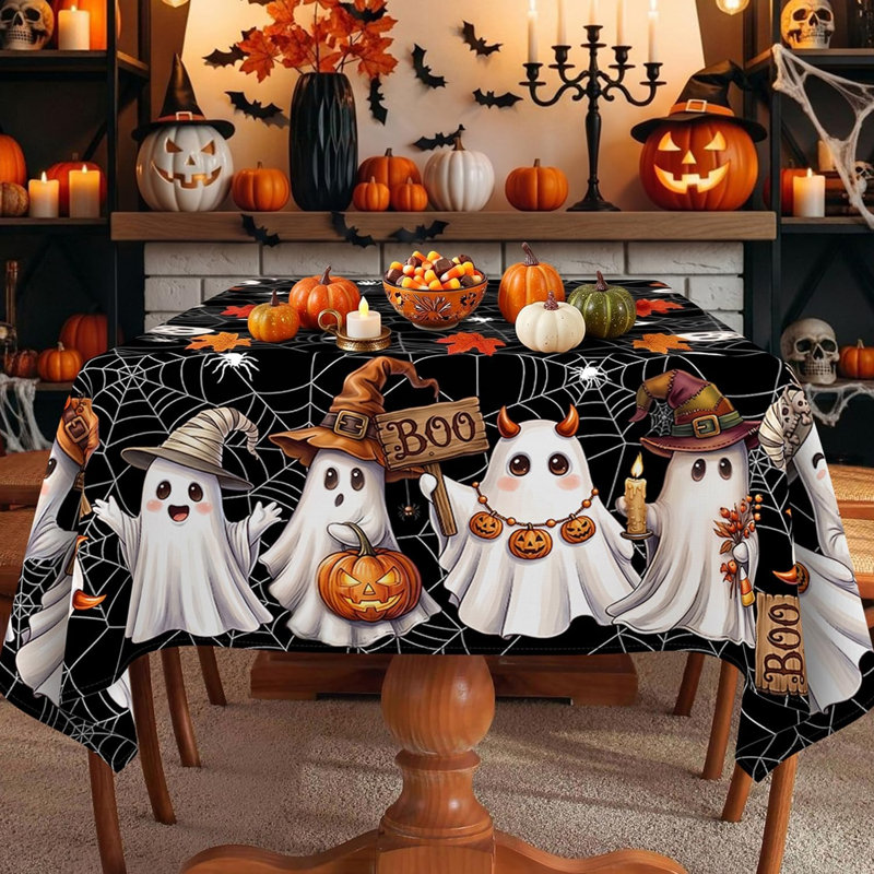 60 x 84 Inch Rectangle Halloween Tablecloth, Washable Fabric Black Spiderweb & Ghost Table Cover for Kitchen Dining Party