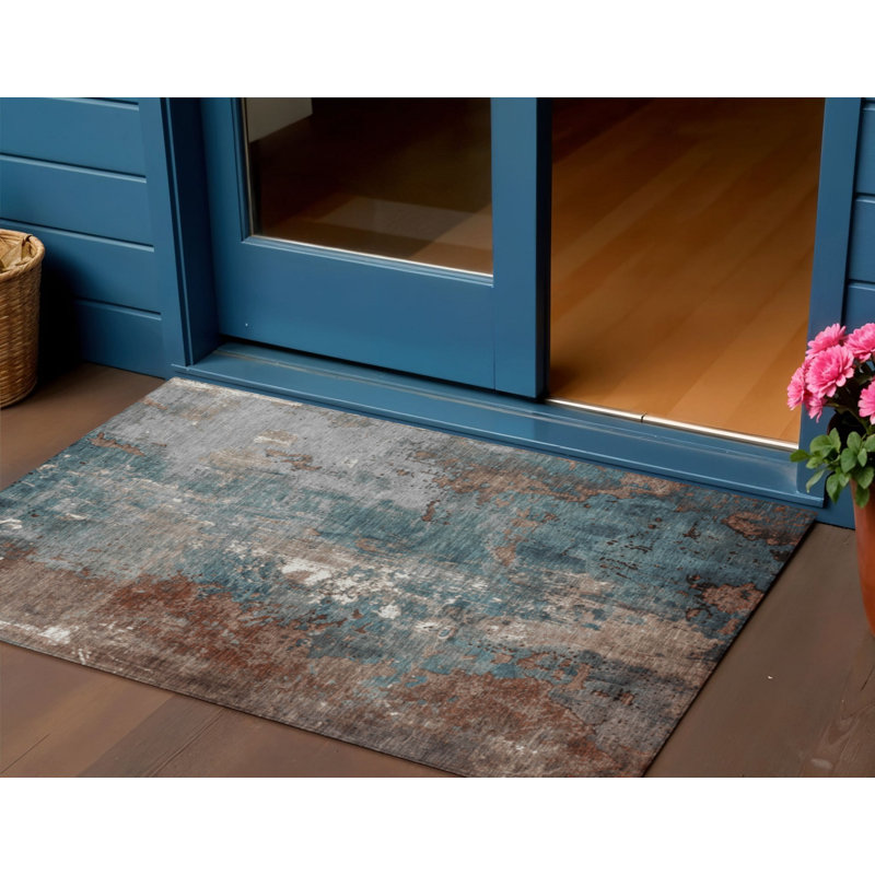 3' X 5' Rust And Teal Blue Abstract Washable Indoor Outdoor Area Rug