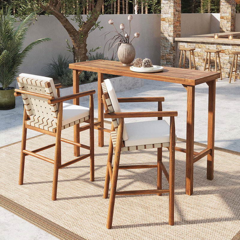 Ensemble de bar d'extérieur en bois d'acacia 3 pièces avec table et deux tabourets