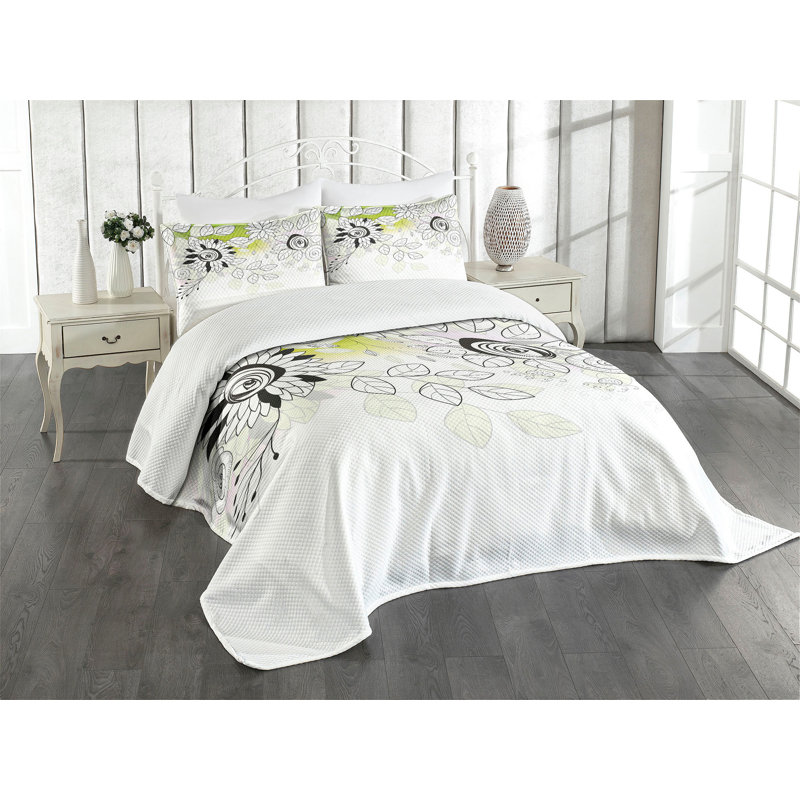 Ambesonne Flower Bedspread Wild Field Plants Black Eggshell Green