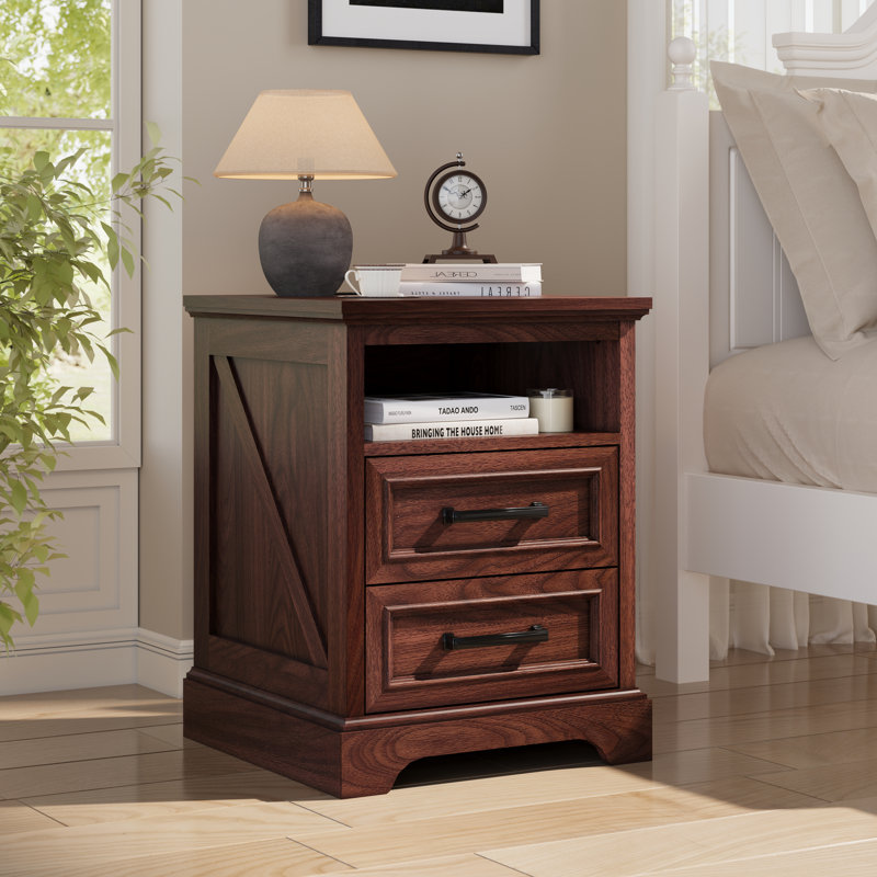 Table de chevet en bois à 2 tiroirs avec station de recharge, table d'appoint de style campagnard de 61 cm de haut avec rangement et étagère semi-ouverte