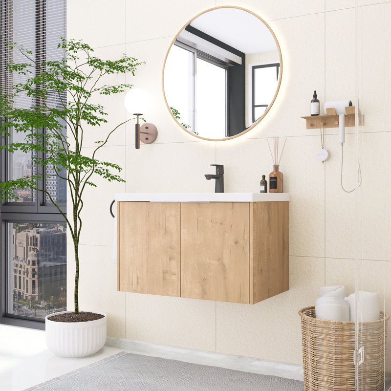 Meuble-lavabo flottant 30 po avec lavabo imitation chêne en résine, 30", Imitation chêne