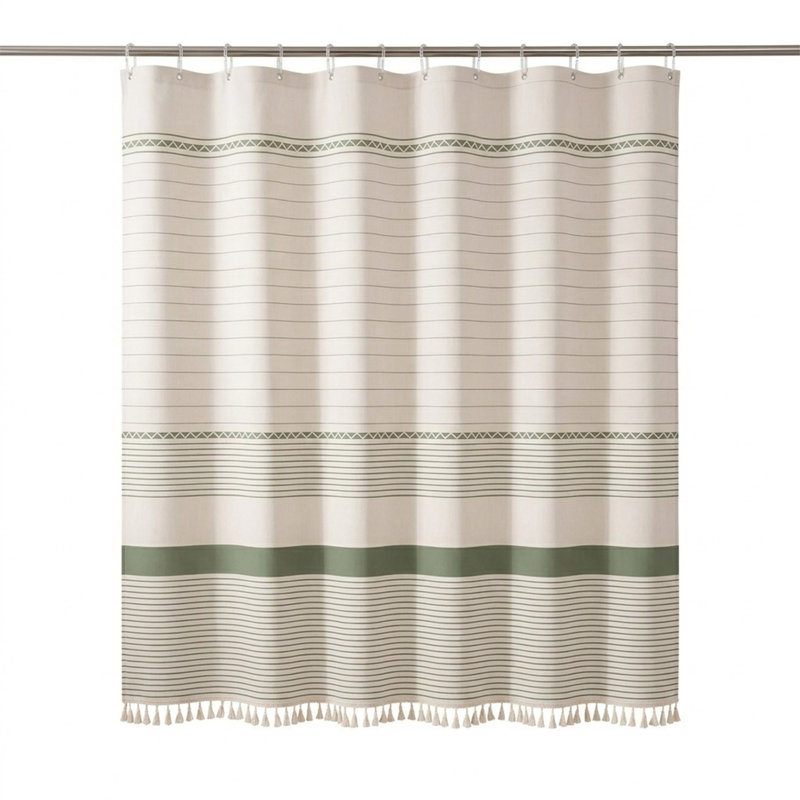 Rideau de douche Boho Farmhouse, faux lin rayé avec pompons et crochets, brun clair, 72 po x 72 po