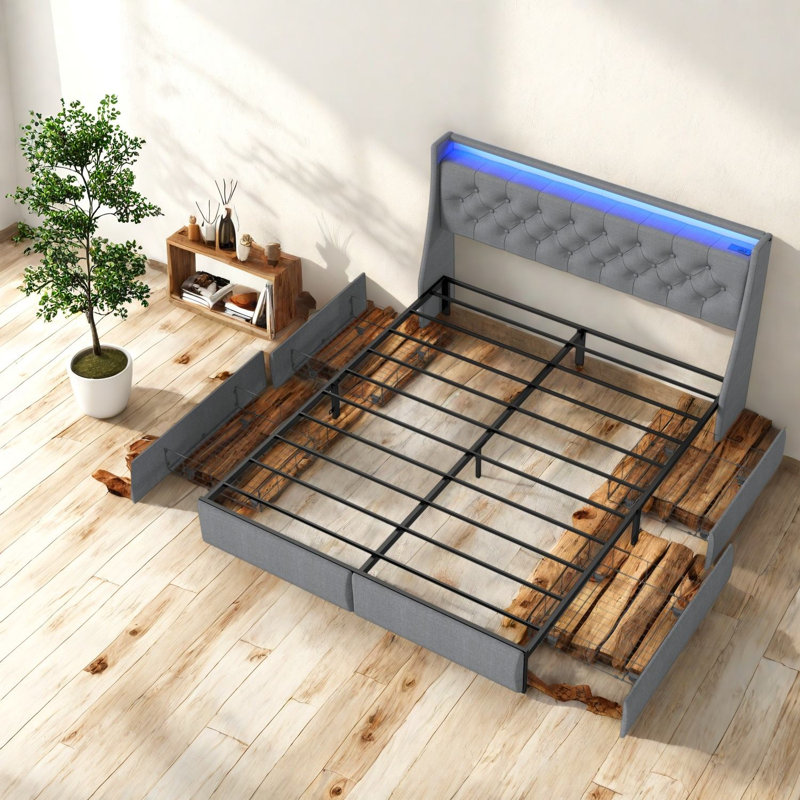 Lits modernes avec rangement, cadre en acier double avec éclairage DEL pour la recharge à domicile