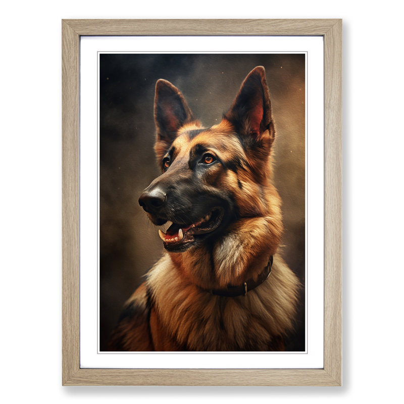 German Shepherd Romanticism - Framed Print, 34cm H x 25cm W x 2cm D, Oak