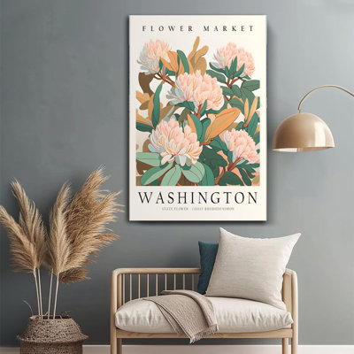 1 pièce de 24 x 36 pouces, art mural sur toile grand marché de fleurs de l'État de Washington, rhododendron côtier, illustration murale rétro de style botanique encadrée pour la décoration intérieure et impression de décor de chambre pour la mais