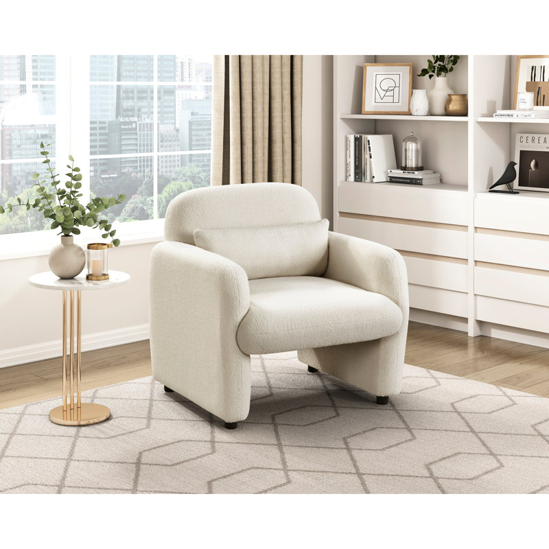 Tissu recouvert de tissu beige Boucle avec une fabrication en contreplaqué, un rembourrage à ressorts ensachés en mousse et un coussin décoratif assorti pour la salle de lecture