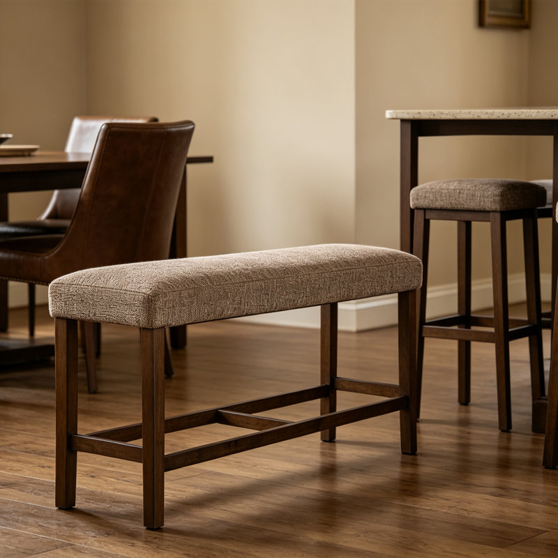 Banc de 48 po de hauteur, banc de salle à manger rembourré en tissu avec structure en bois d'hévéa, banc de comptoir moderne de 26,5 po de hauteur pour îlot de cuisine et petit espace, brun