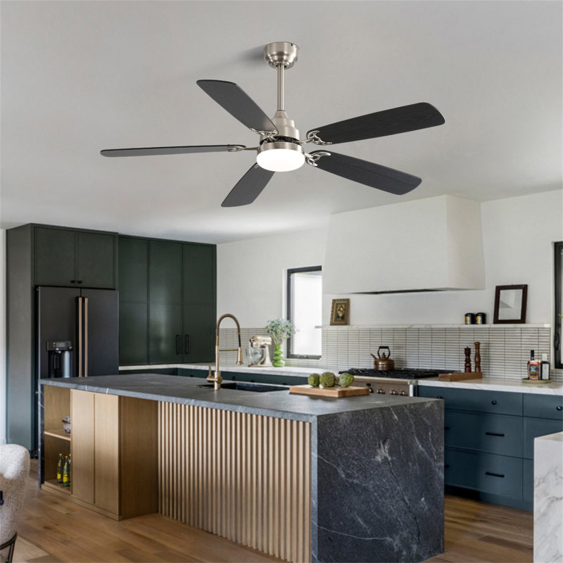 Modern 52 Inch Led Ceiling Fan With 110V 6 Speed Wind 5 Blades Remote Control Reversible DC Motor With Light, Black, Silver