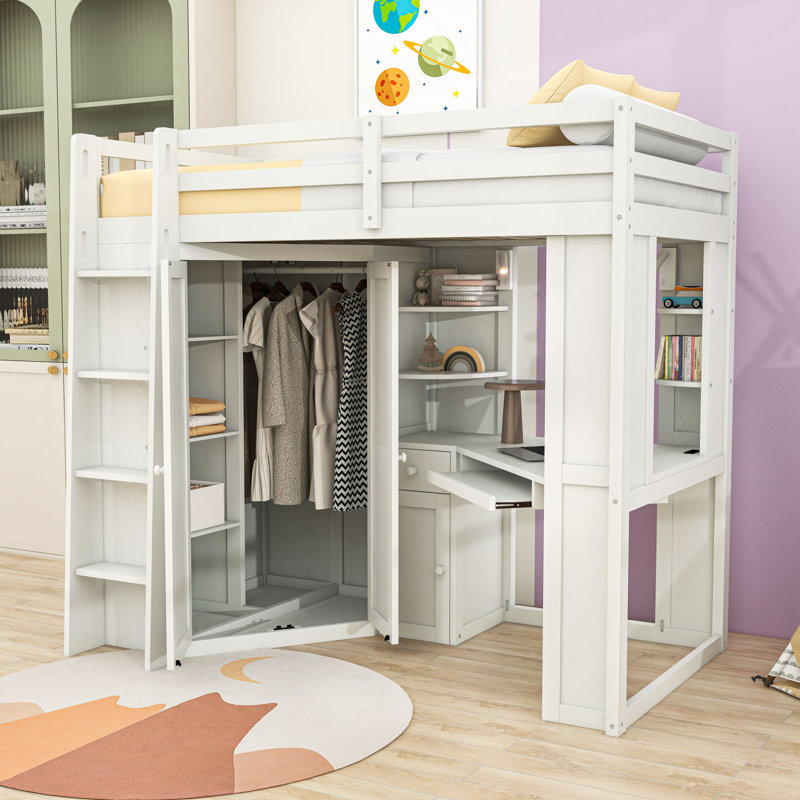 Twin Wood Loft Bed with Desk, Wardrobe, Charging Station and Shelves, Beige White