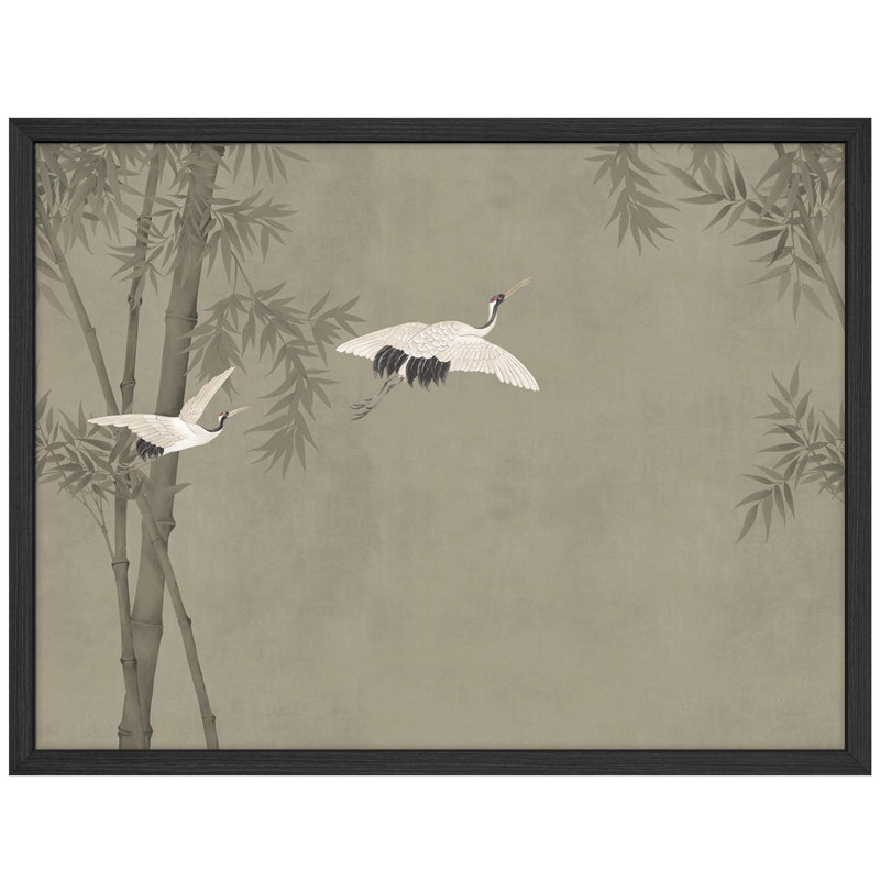 «Graceful Cranes and Bamboo in Classic Asian Landscape Illustration», affiche encadrée rustique, Noir, noir, noir, noir