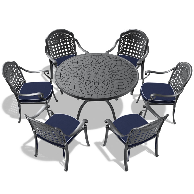 7-Piece Set Of Cast Aluminum Patio Furniture With Black Frame And Seat Cushions, 6