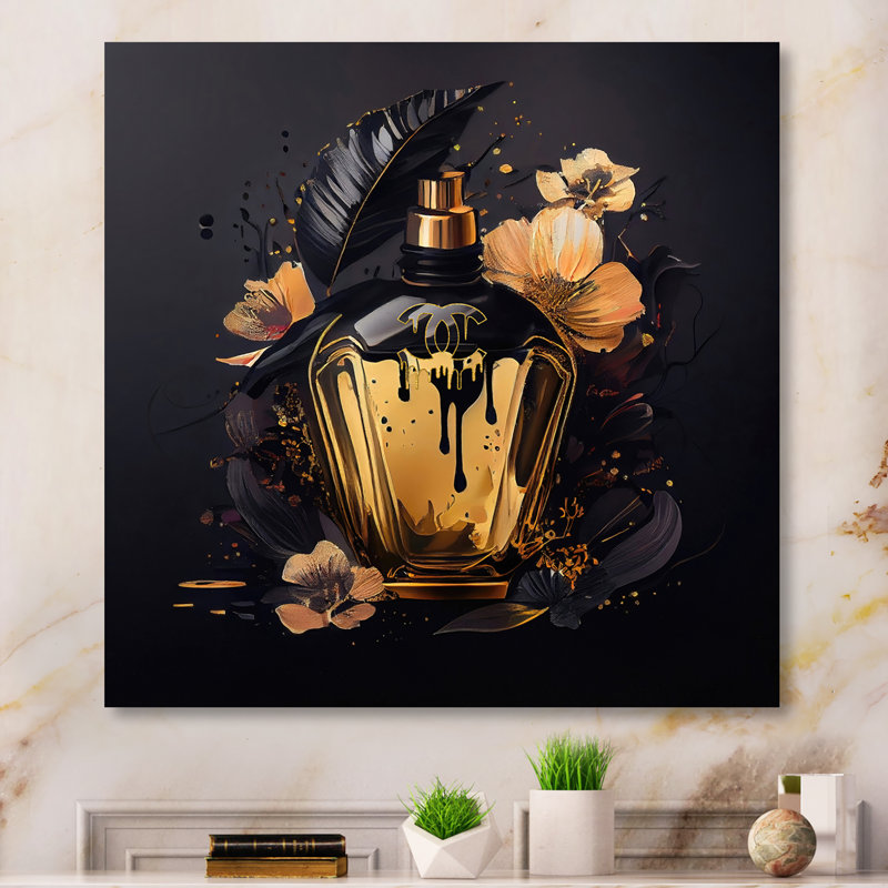 Chic bouteille de parfum noire et dorée - impression sans cadre sur métal, H 16 po x l 16 po x P 1 po