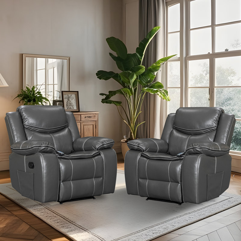 Kokal Wide Seating PU Leather Recliner With Massage And Heat Functions Set Of 2, Gray