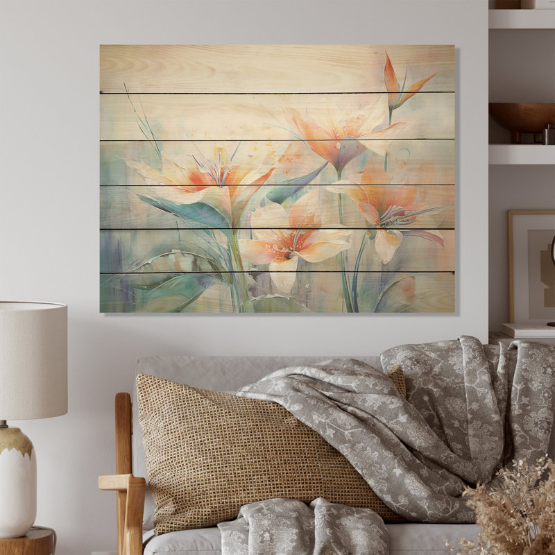 Oiseau de paradis beige et orange - Fleurs, art mural sur bois de pin naturel, H 30 po x l 40 po