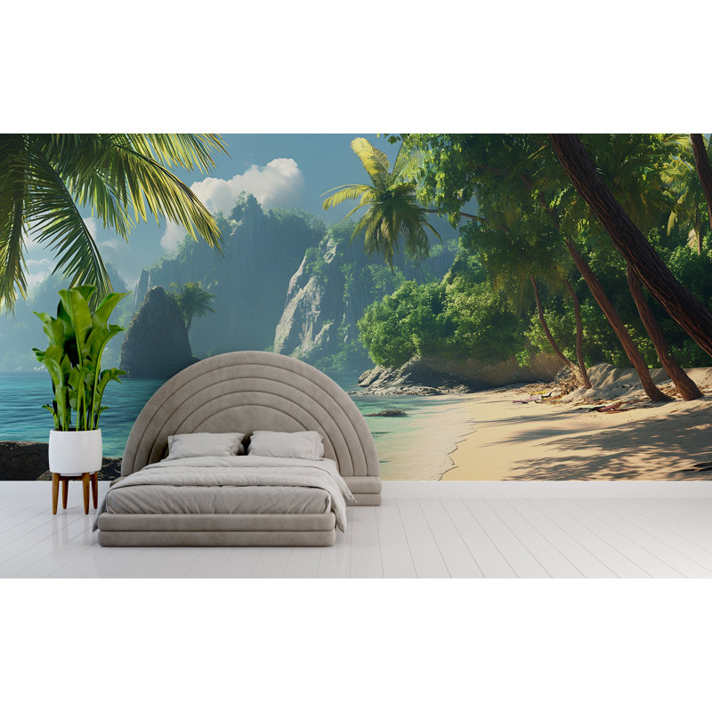 Papier peint Exotic Beach Cove avec des roches et de la jungle - Escapade tropicale avec des eaux turquoise, L 10 po x l 8 po