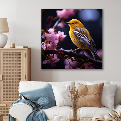 " Yellow Bird On Blossom Cherry II " Mixed Media and Color Photography Print