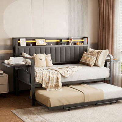 Multifunctional Sofa Bed With Foldable Table & LED Charging Headboard – Pull-Out Trundle Daybed For Small Spaces by Latitude Run